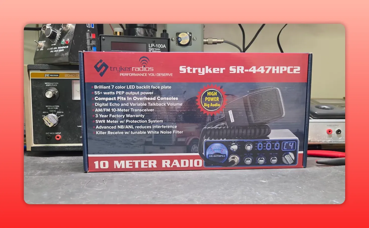 Stryker SR-447HPC2 10 meter radio product box with key feature callouts