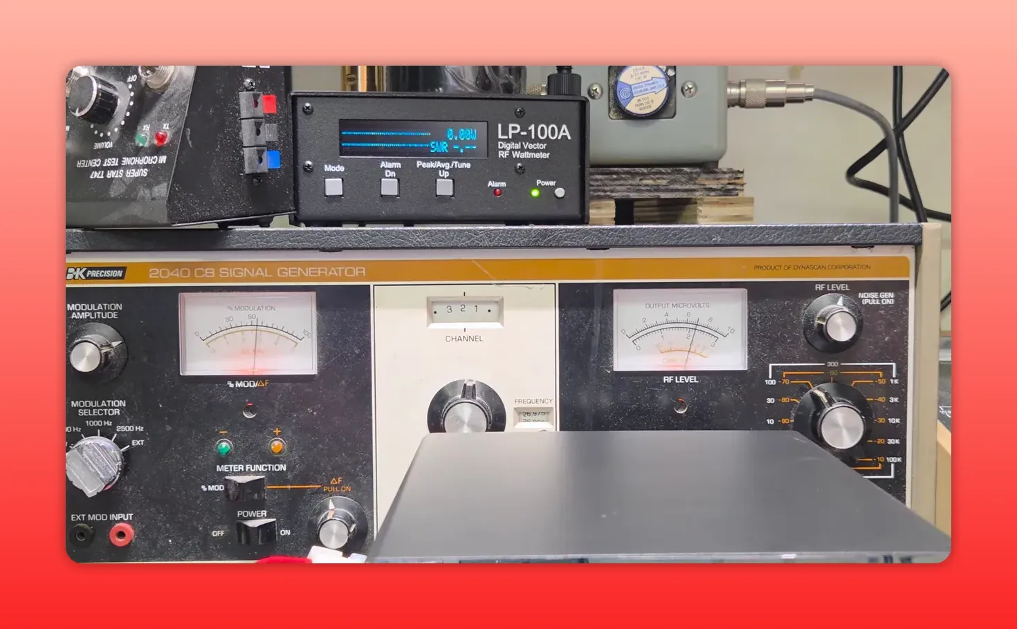 Bench RF wattmeter setup with LP-100A digital display showing measured output