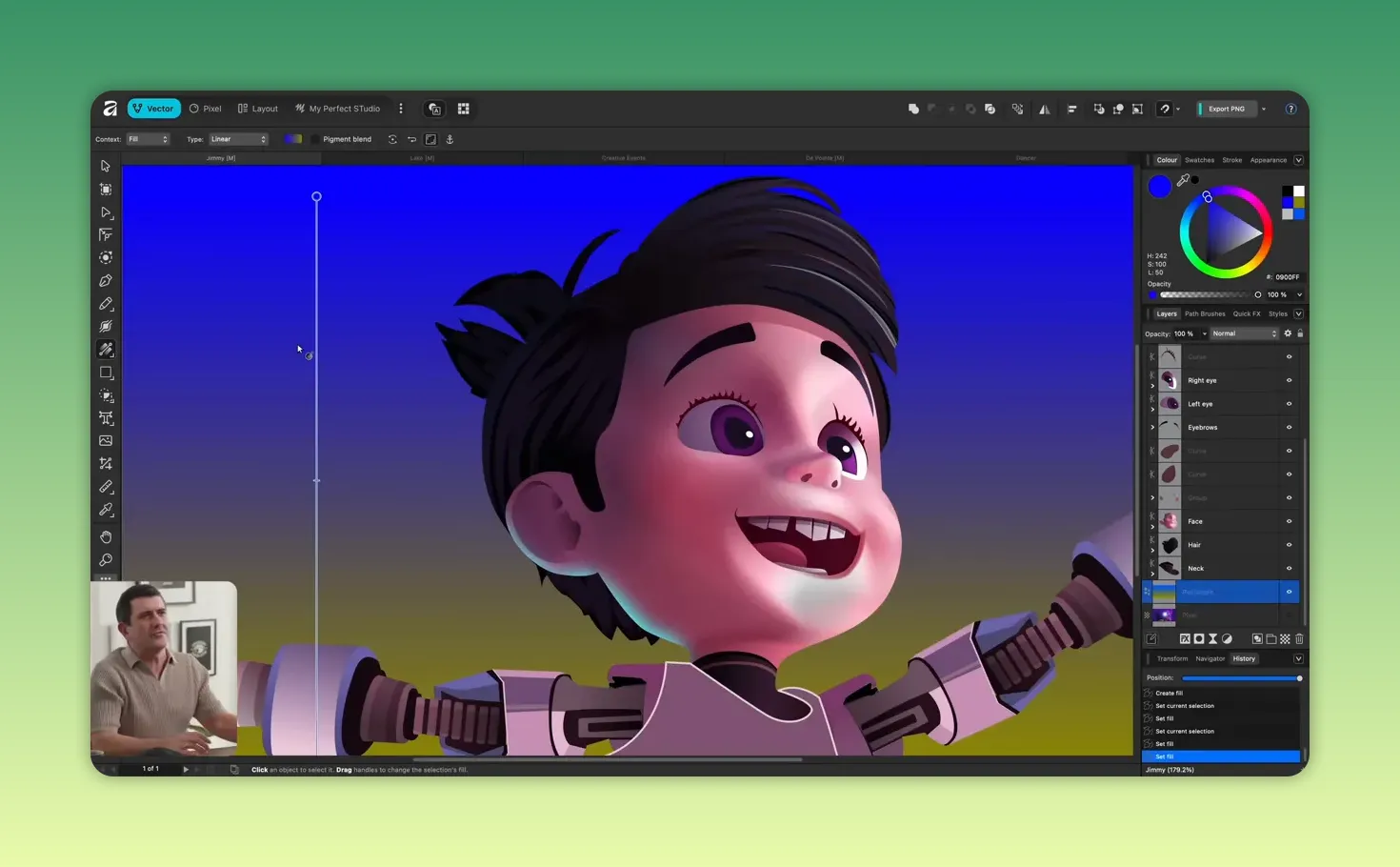 Canvas mărit cu ilustrație și roata de culoare în colțul din dreapta sus; panoul Layers vizibil.