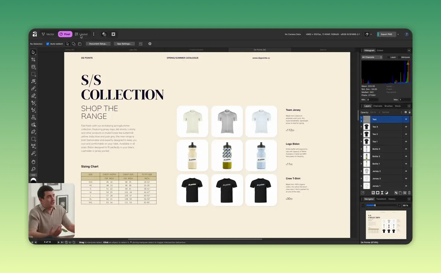 Pixel Studio activ în dock, pagină de catalog pe canvas și panoul Layers/Histogram vizibil