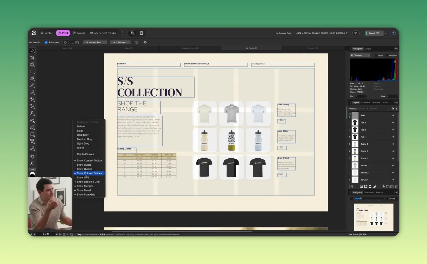 Captură clară a meniului Pasteboard Colour cu multiple opțiuni (Clip to Canvas, Show Guides, Show Bleed) și pagina de catalog pe canvas