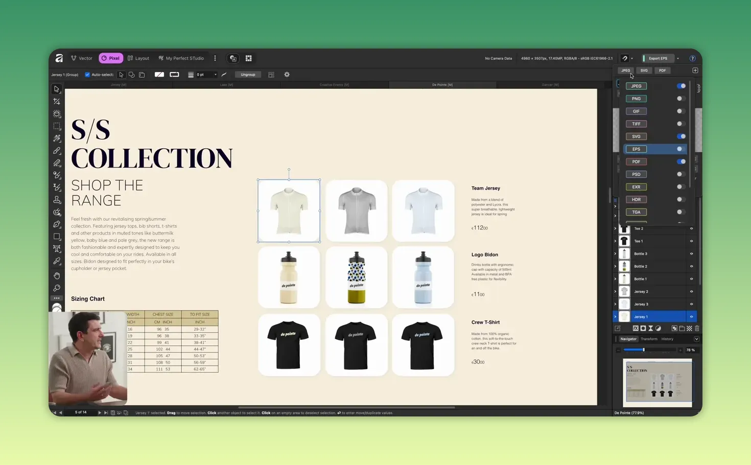 Meniu Quick Export cu formate activate (JPEG, PNG, SVG, EPS) afișat în colțul din dreapta al interfeței