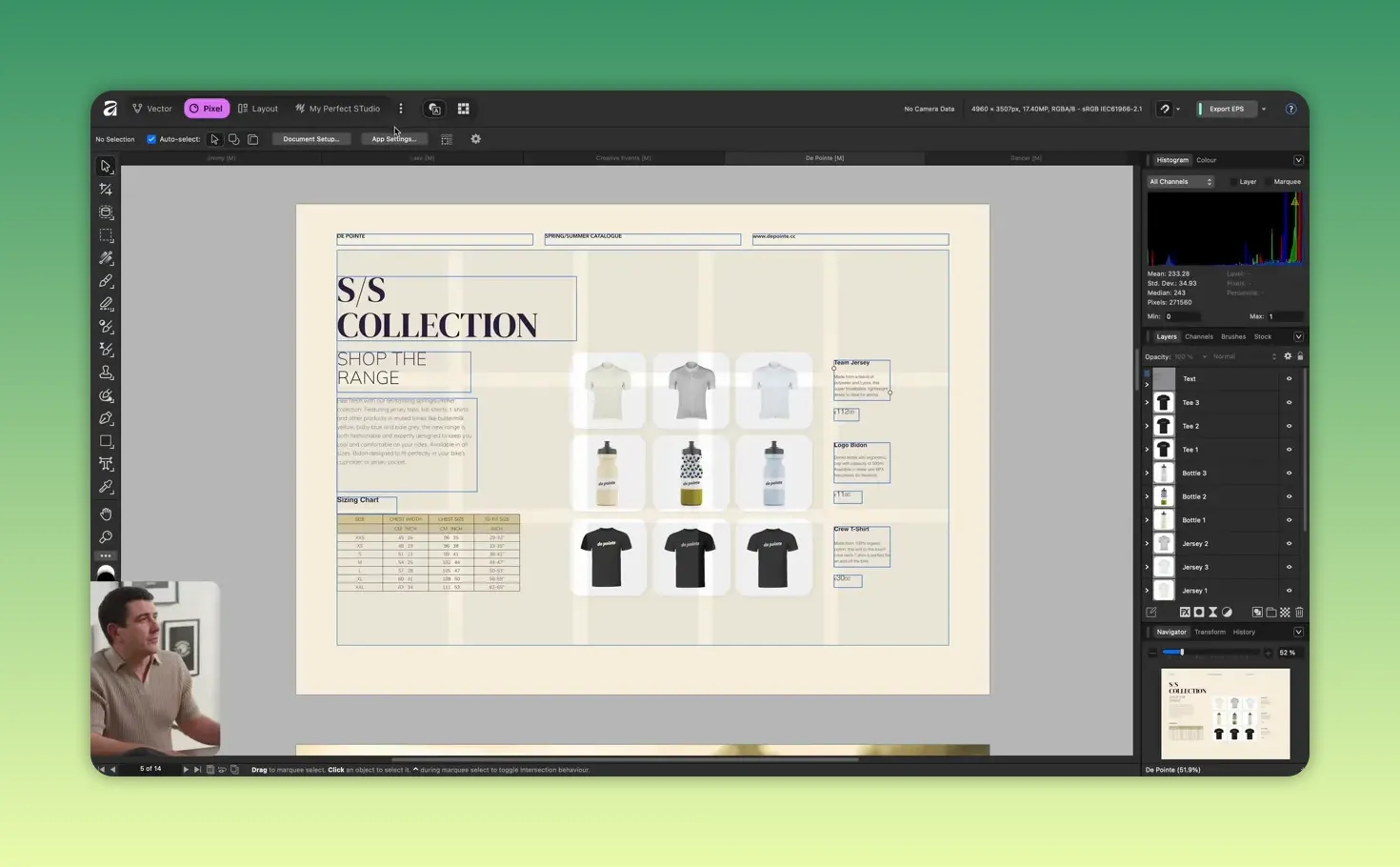 Interfață editor cu pagina de catalog pe canvas, bare de instrumente, panoul Layers și pasteboard vizibil în jurul documentului