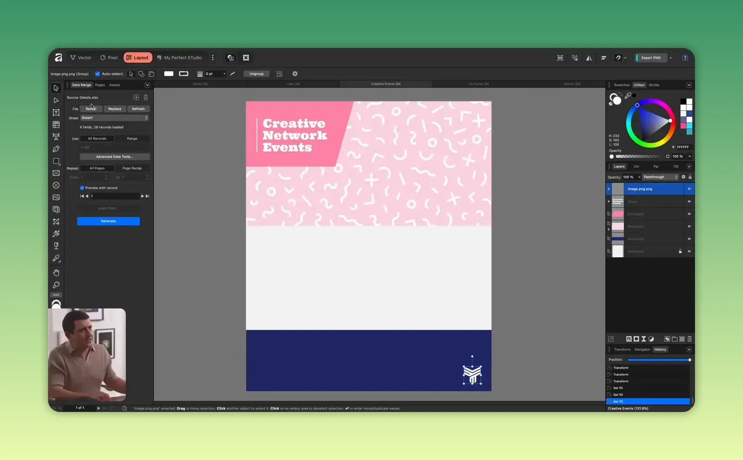 Panoul Data Merge deschis în Layout Studio arătând fișierul sursă, opțiuni de Range/Preview și butonul 'Generate'