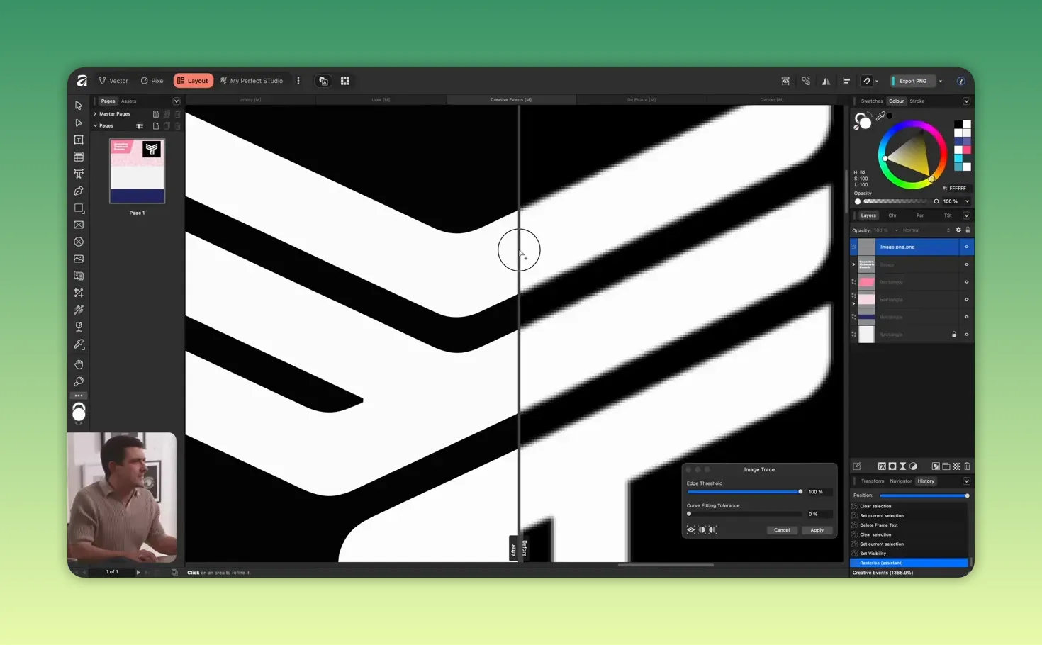 Split înainte/după pe un logo mare, cu panoul Image Trace afișat în colțul din dreapta jos