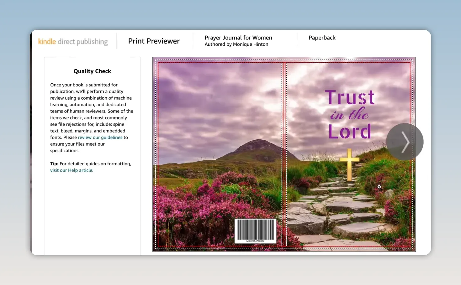 Amazon KDP print preview showing a full prayer journal cover spread with back cover and front cover
