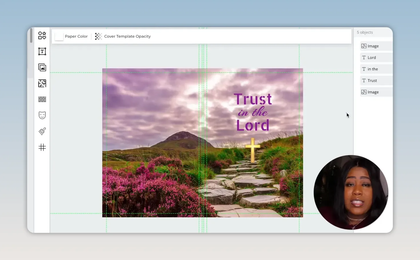 Book Bolt cover design showing a mountain path, purple flowers, title text, and gold cross
