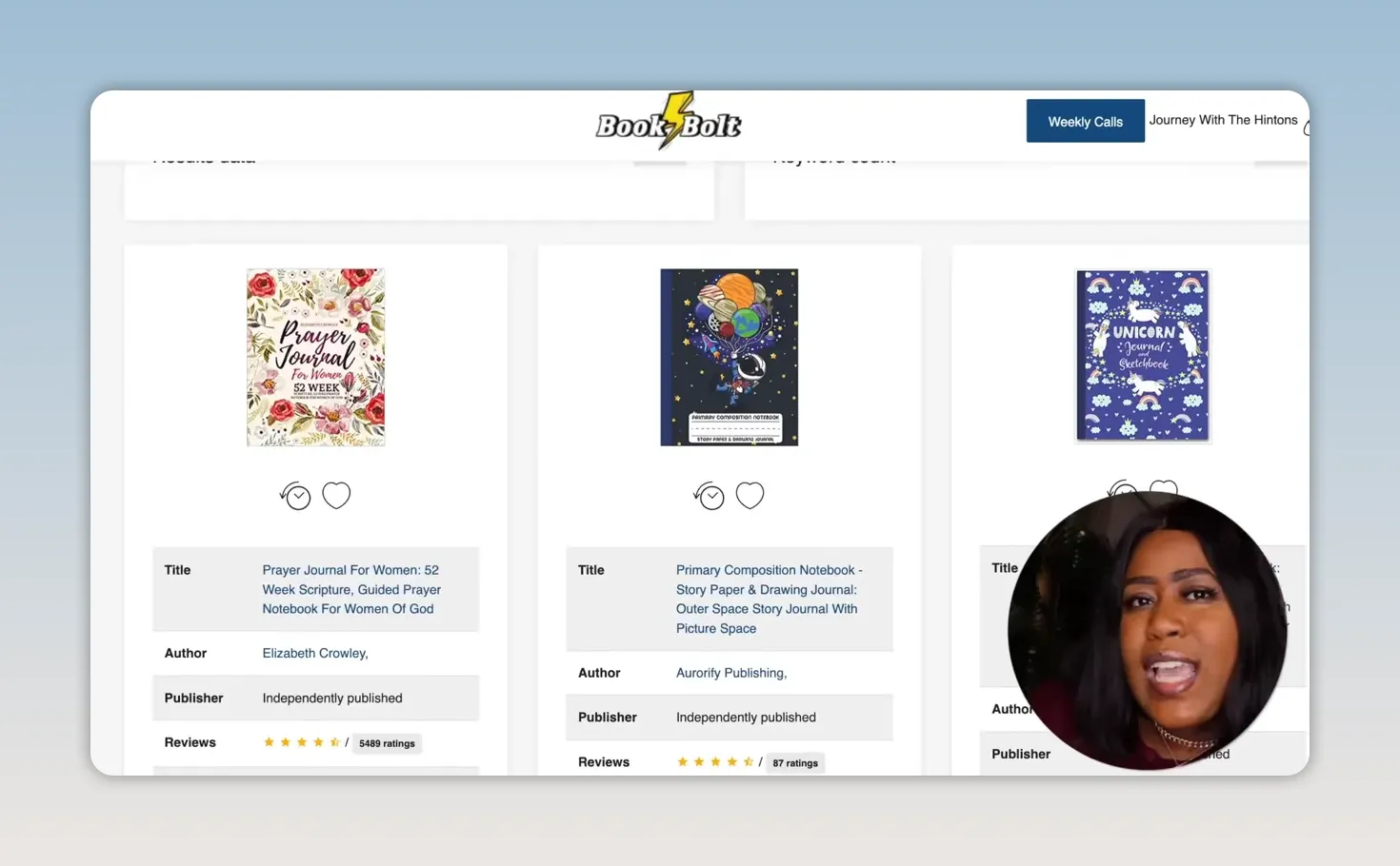 Book research results showing several prayer journal listings and sales information