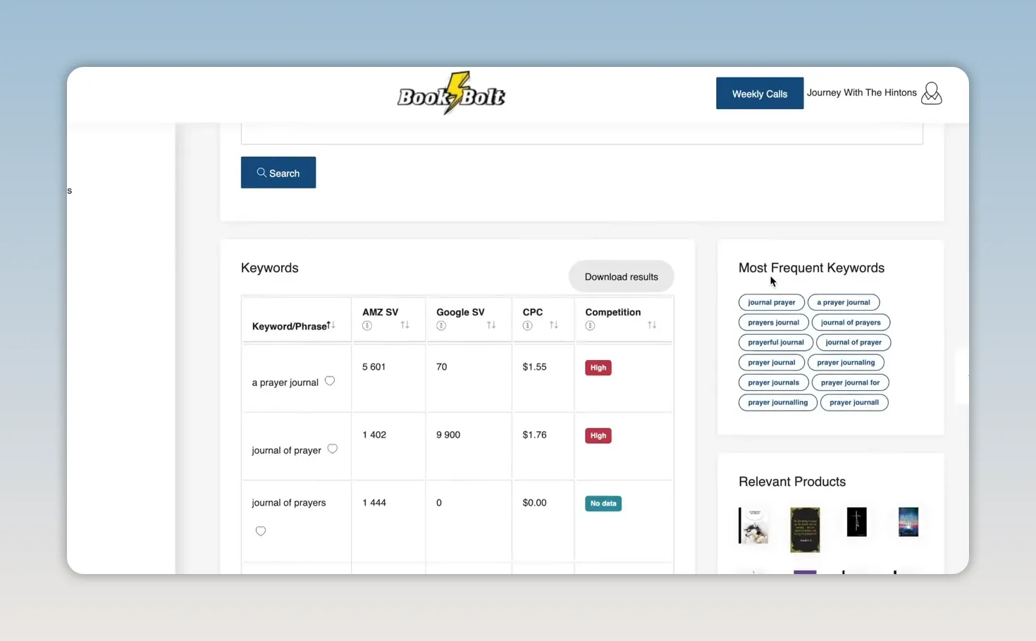 Book Bolt keyword research table with keyword phrases and search volume columns