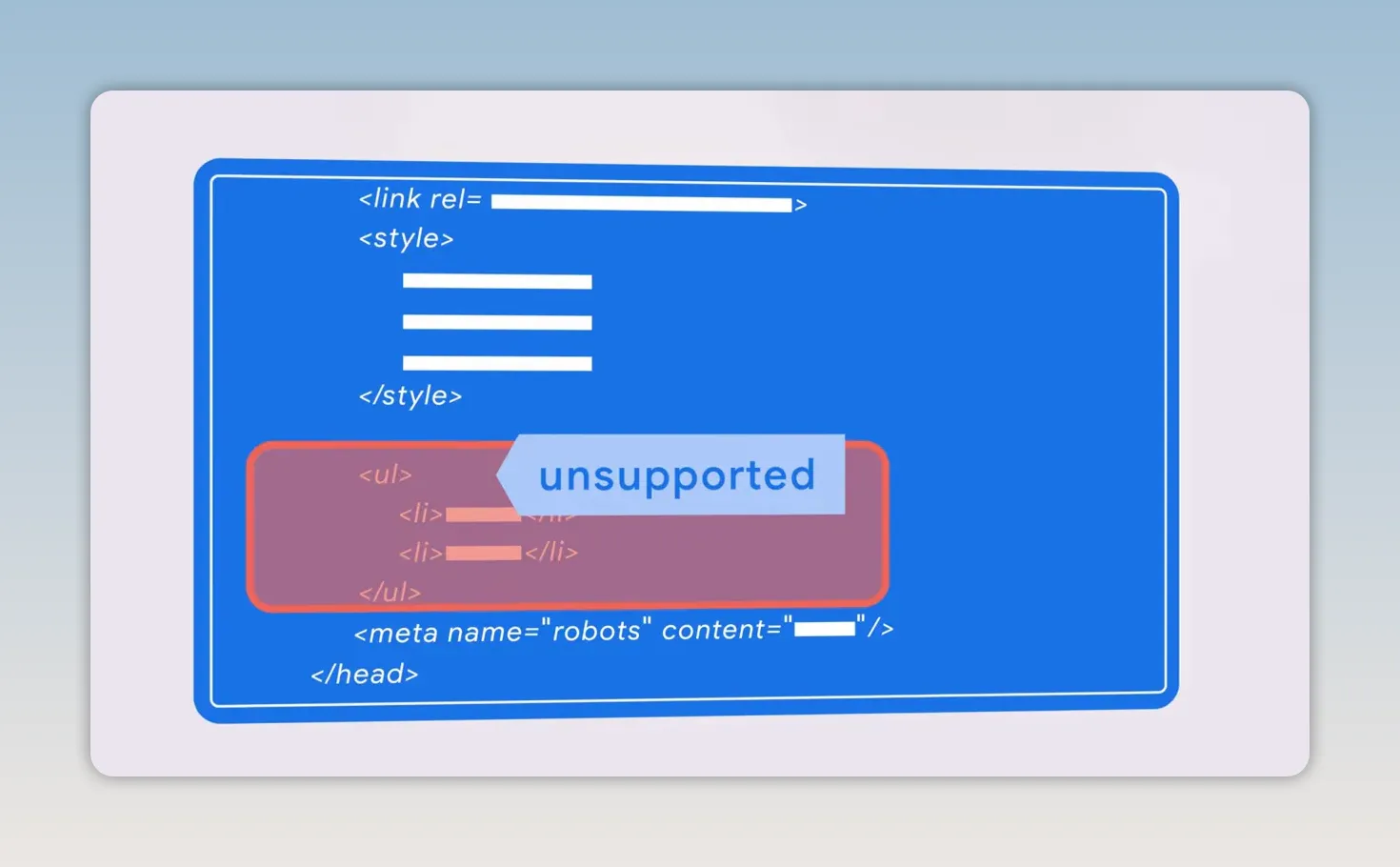 Bảng mã HTML màu xanh với nhãn unsupported và vùng mã màu đỏ được đánh dấu