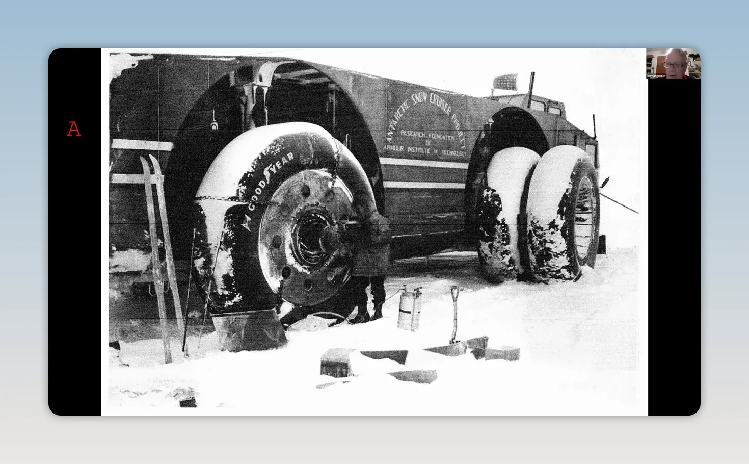 Antarctic exploration vehicle (snow cruiser) with oversized Goodyear tires in snow