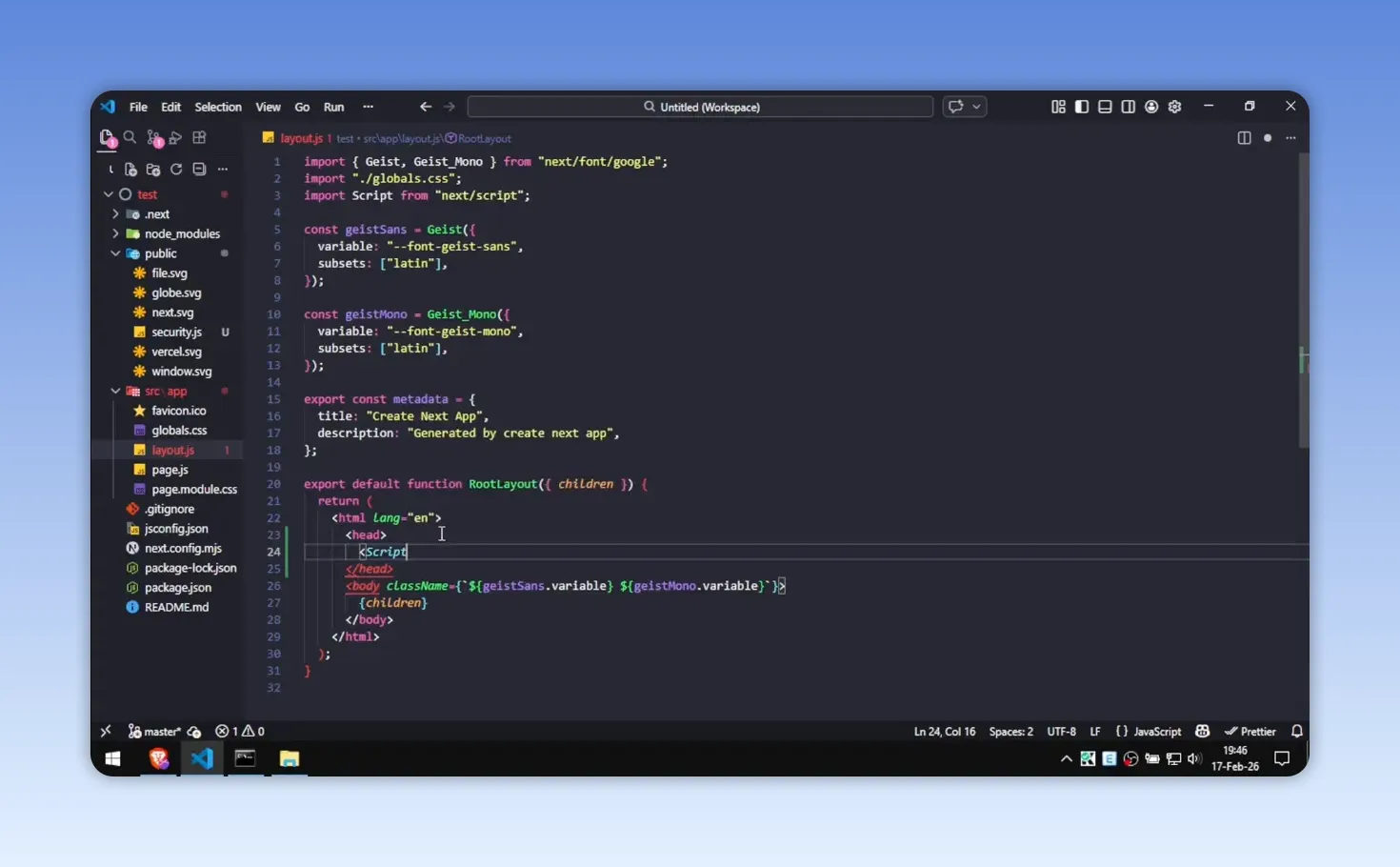Trình soạn thảo mã hiển thị tệp layout của dự án Next.js với phần khai báo script