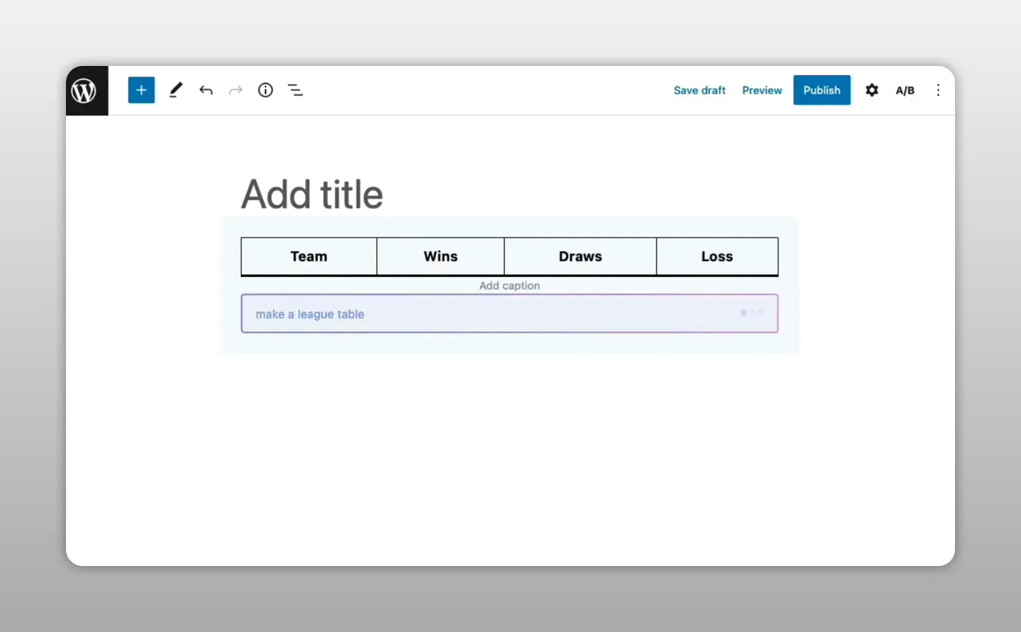 Trình soạn thảo WordPress hiển thị khối bảng được tạo trong phần nội dung trang