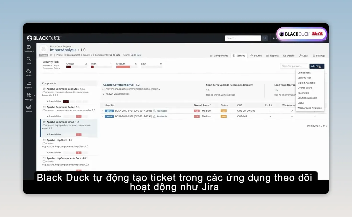 Giao diện Black Duck hiển thị mục tích hợp tạo ticket trong Jira