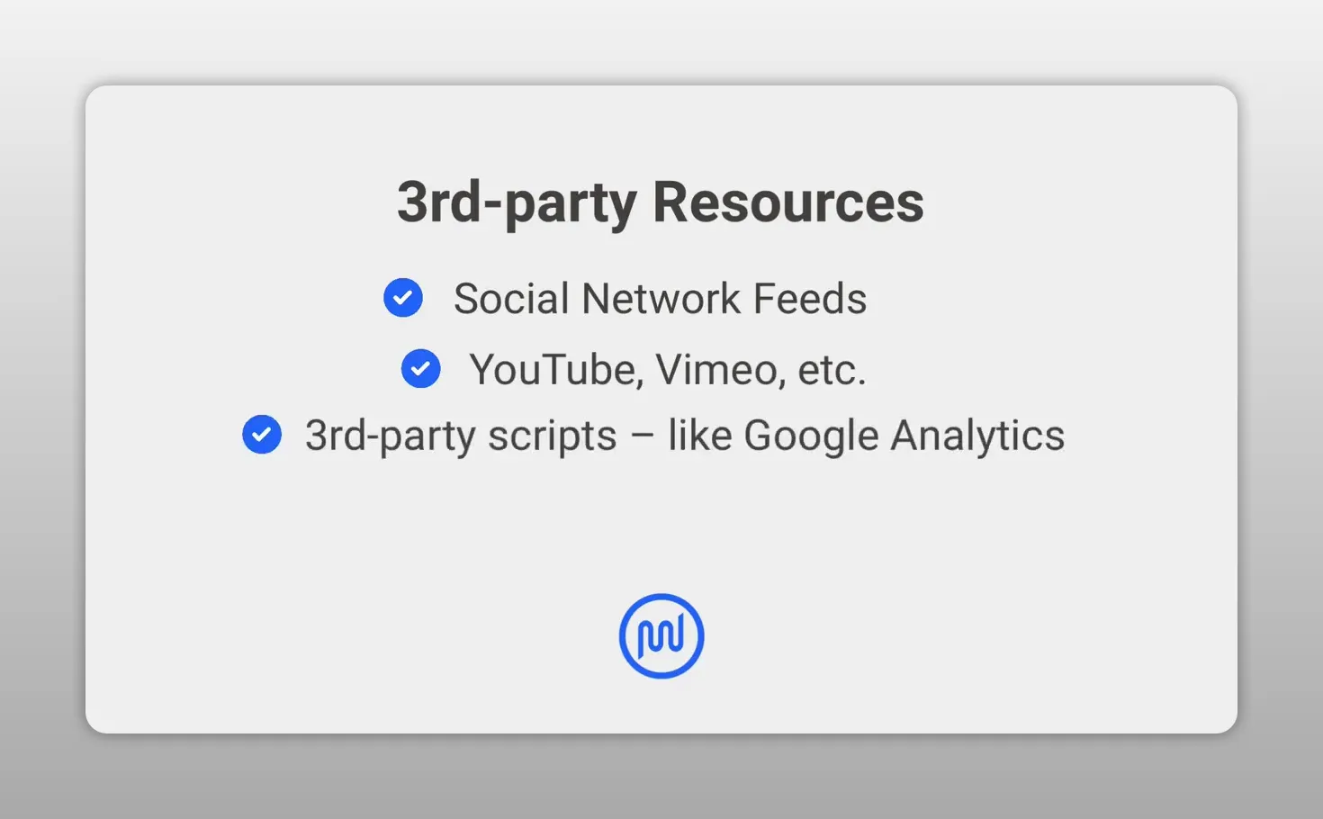 Trang trình bày các tài nguyên bên thứ ba gồm mạng xã hội, YouTube, mã Google Analytics và theme hoặc plugin nặng