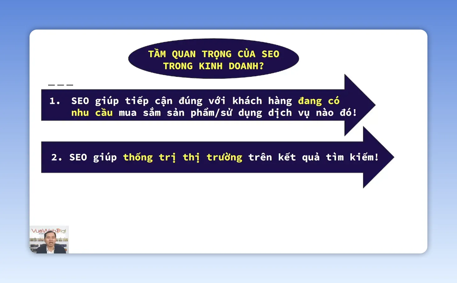 Trang trình chiếu liệt kê ba lợi ích của SEO gồm tiếp cận khách hàng, thống trị thị trường và xây dựng thương hiệu