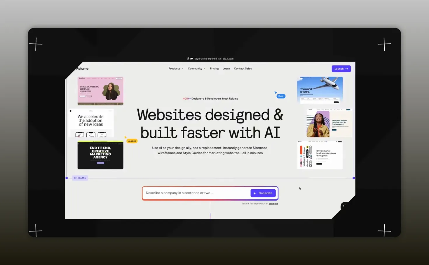 Trang Relume với thông điệp thiết kế và xây dựng website nhanh hơn bằng AI