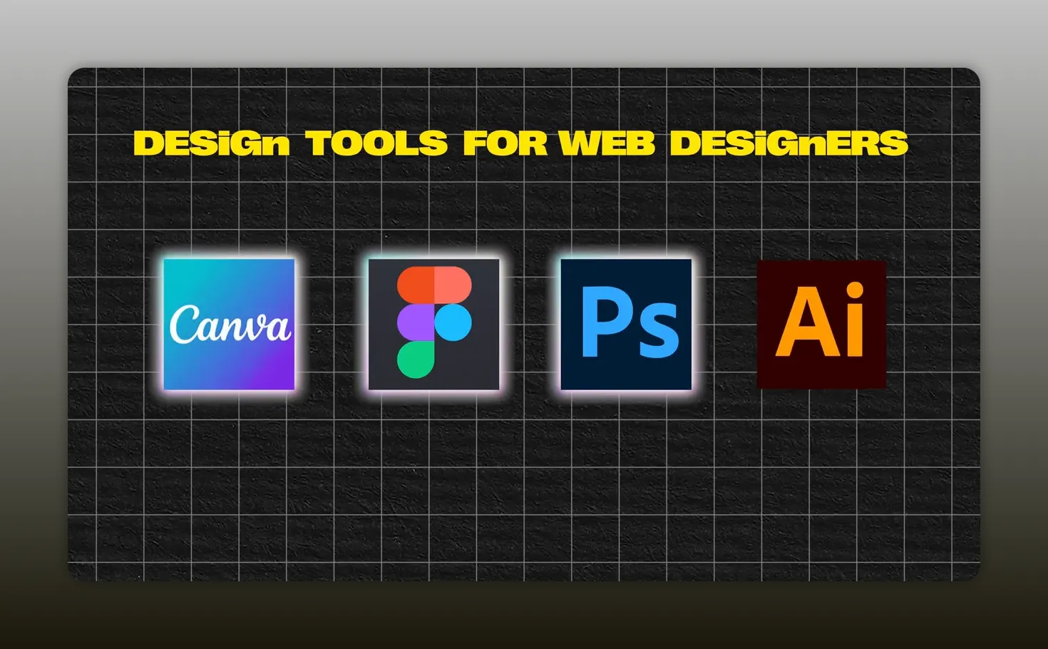 Các biểu tượng Canva, Figma, Adobe Photoshop và Adobe Illustrator trên nền lưới
