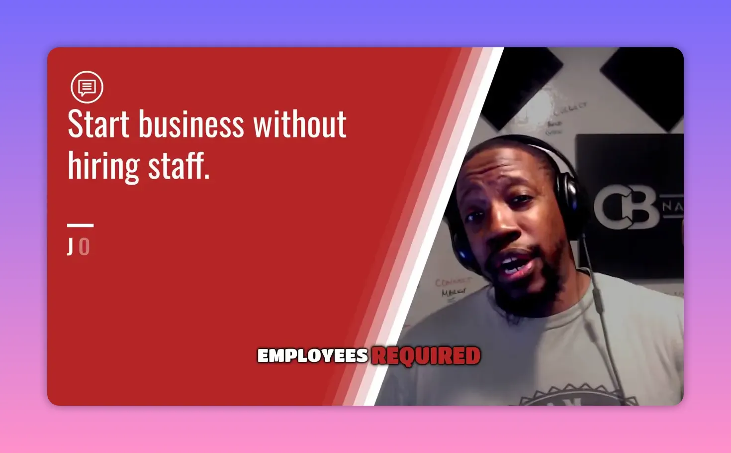 Slide reading 'Start business without hiring staff.' with presenter visible on the right.
