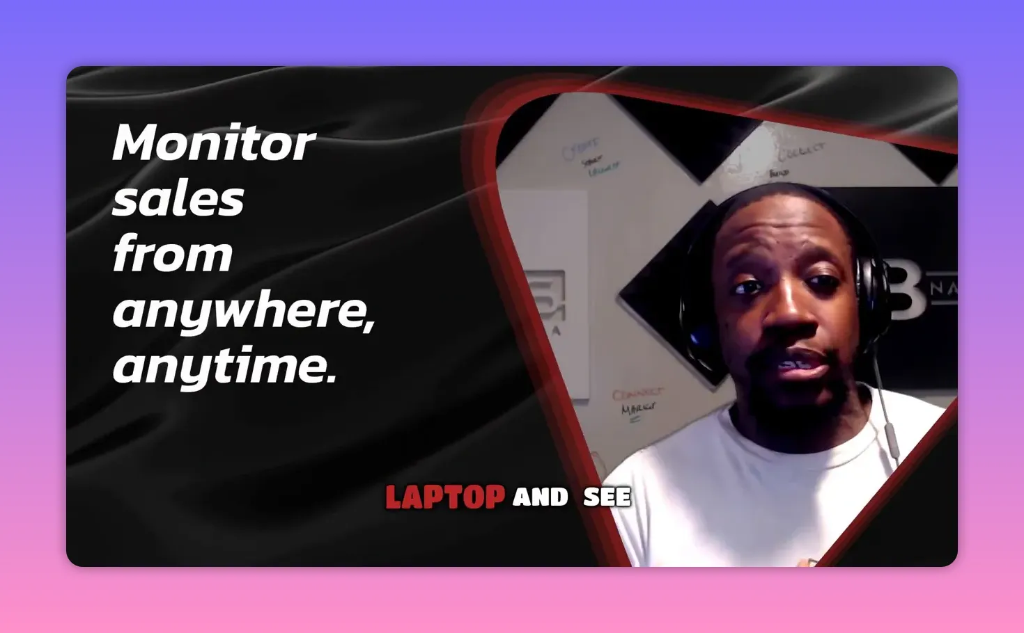 Slide-style frame reading 'Monitor sales from anywhere, anytime' with presenter at right.