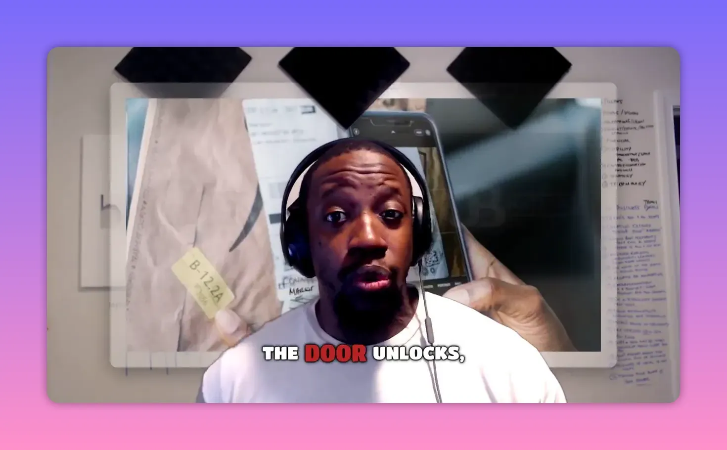 Presenter in front of a background showing a smartphone and the on-screen caption 'THE DOOR UNLOCKS,' illustrating QR checkout unlocking the door.