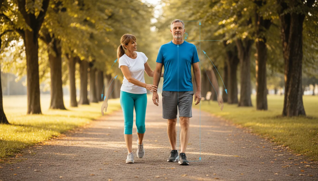 Instructor teaching ChiWalking gait and posture alignment to an adult on a park path