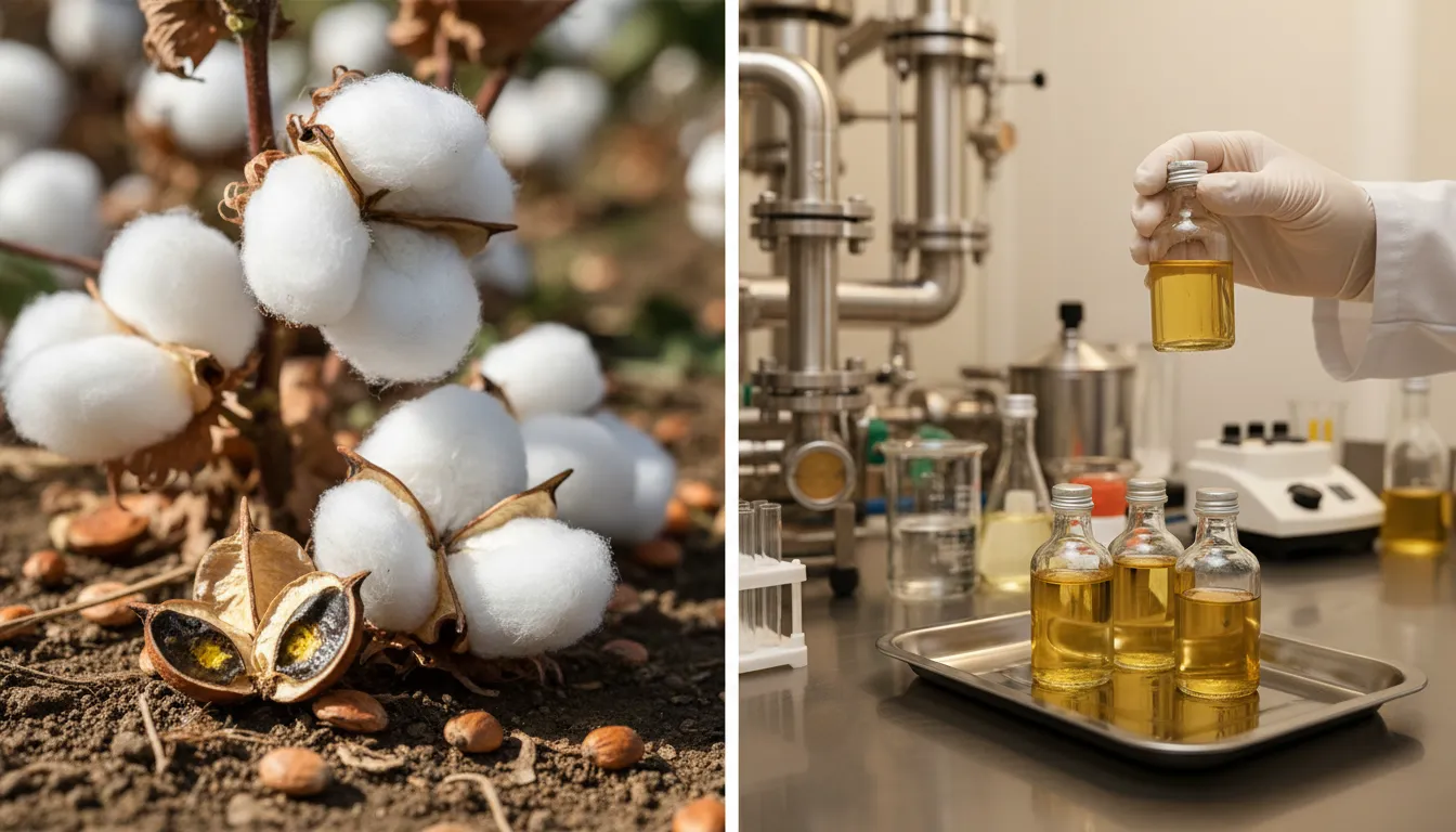 Split image: raw cotton bolls and cut cottonseeds showing dark gossypol-stained interior on the left; stainless-steel lab equipment and clear bottles of golden refined cottonseed oil on the right, illustrating the need for processing.