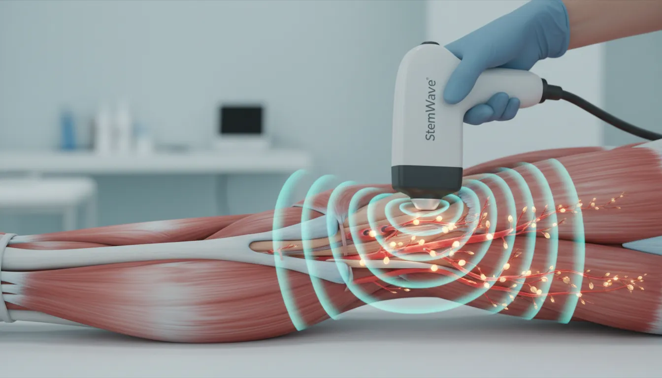 Close-up medical illustration of electrohydraulic shockwave device treating leg tissue, showing regenerating microvasculature and migrating stem‑cell particles.
