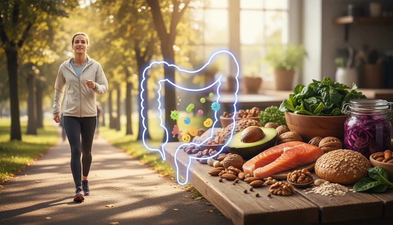 Person walking outdoors beside a spread of whole foods with a subtle gut microbiome illustration, symbolizing holistic depression treatment