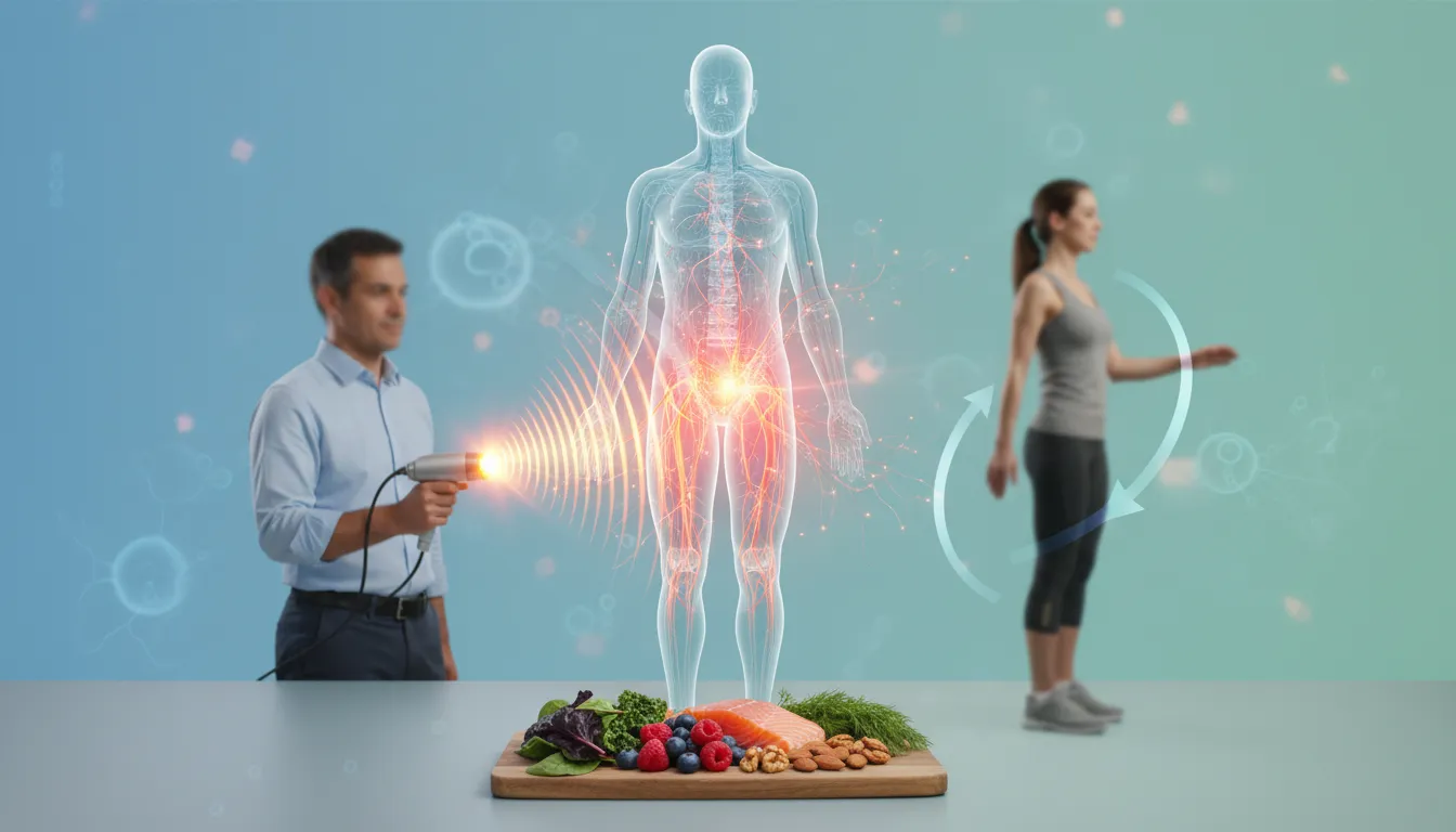 Collage of shockwave therapy stimulating microvasculature, a person practicing Chi walking, and anti-inflammatory foods representing holistic integrated pain management.