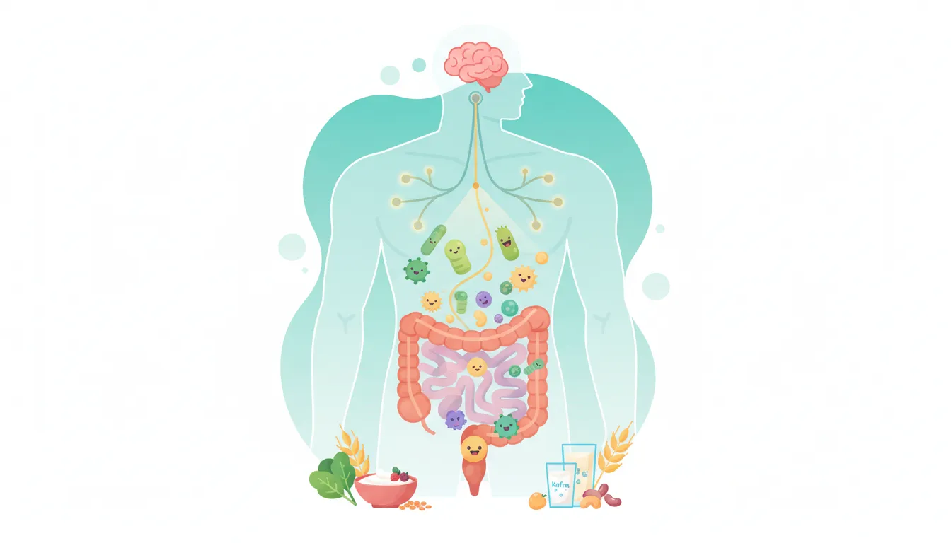 Illustration of a torso cross-section showing colorful gut bacteria connected by a glowing vagus nerve to the brain, with fiber-rich foods nearby to represent how the microbiome influences mood.