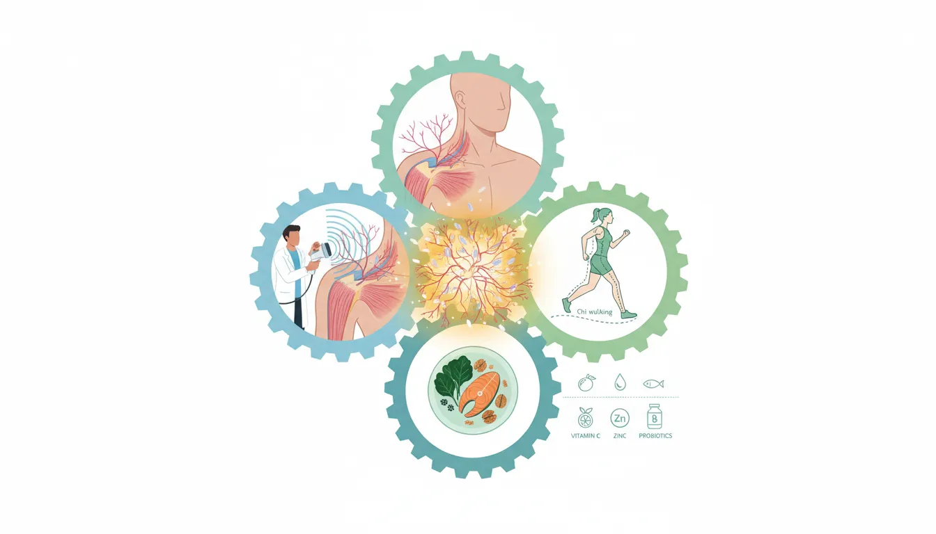 Illustration of shockwave therapy, Chi walking biomechanics, and anti-inflammatory nutrition working together to heal musculoskeletal tissue