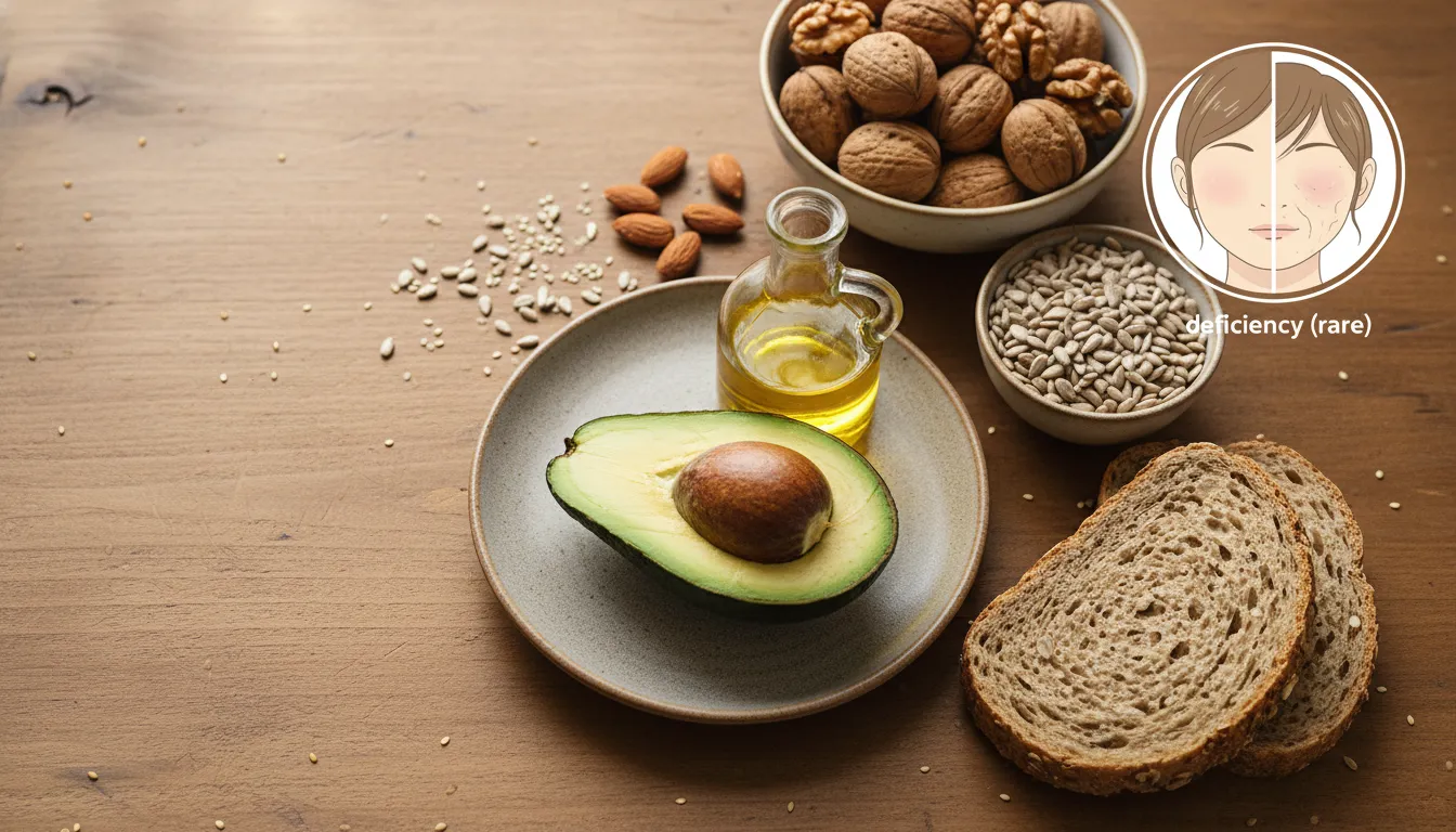 Whole-food sources of linoleic acid&mdash;avocado, nuts, seeds, and sunflower oil&mdash;with an inset comparing healthy skin and hair to the rare scaly dermatitis associated with deficiency.