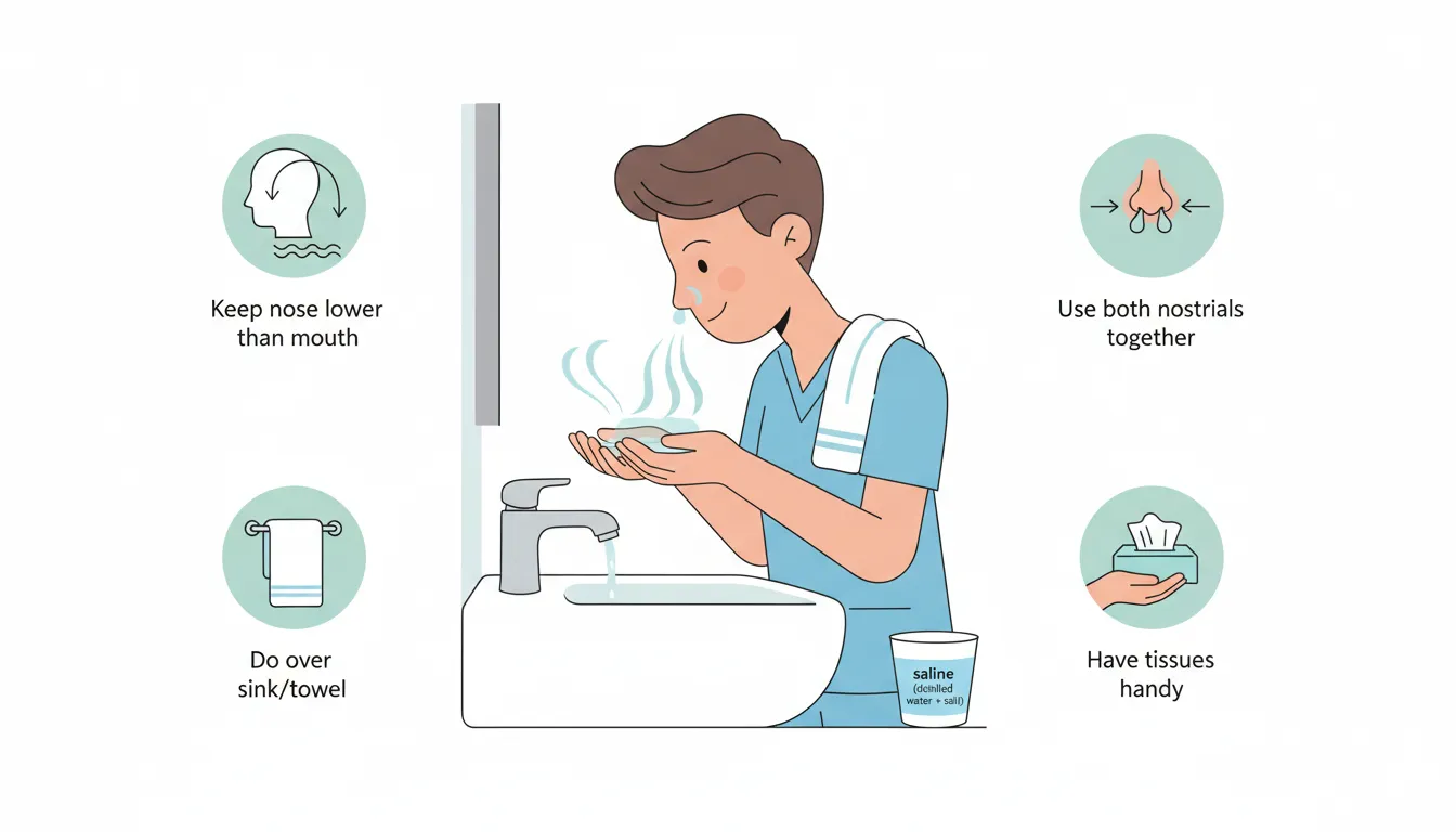 Infographic of a person demonstrating the nasal lavage palm-sniff technique over a sink with cupped hands, towel, tissues, and labeled tips.