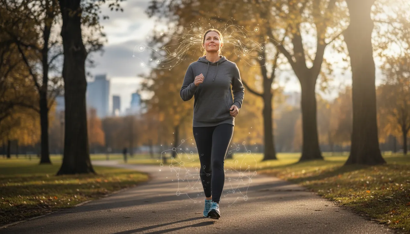 Person walking briskly in a park with sunlight breaking through clouds and a subtle glowing overlay around the head symbolizing improved brain chemistry and lifted mood.