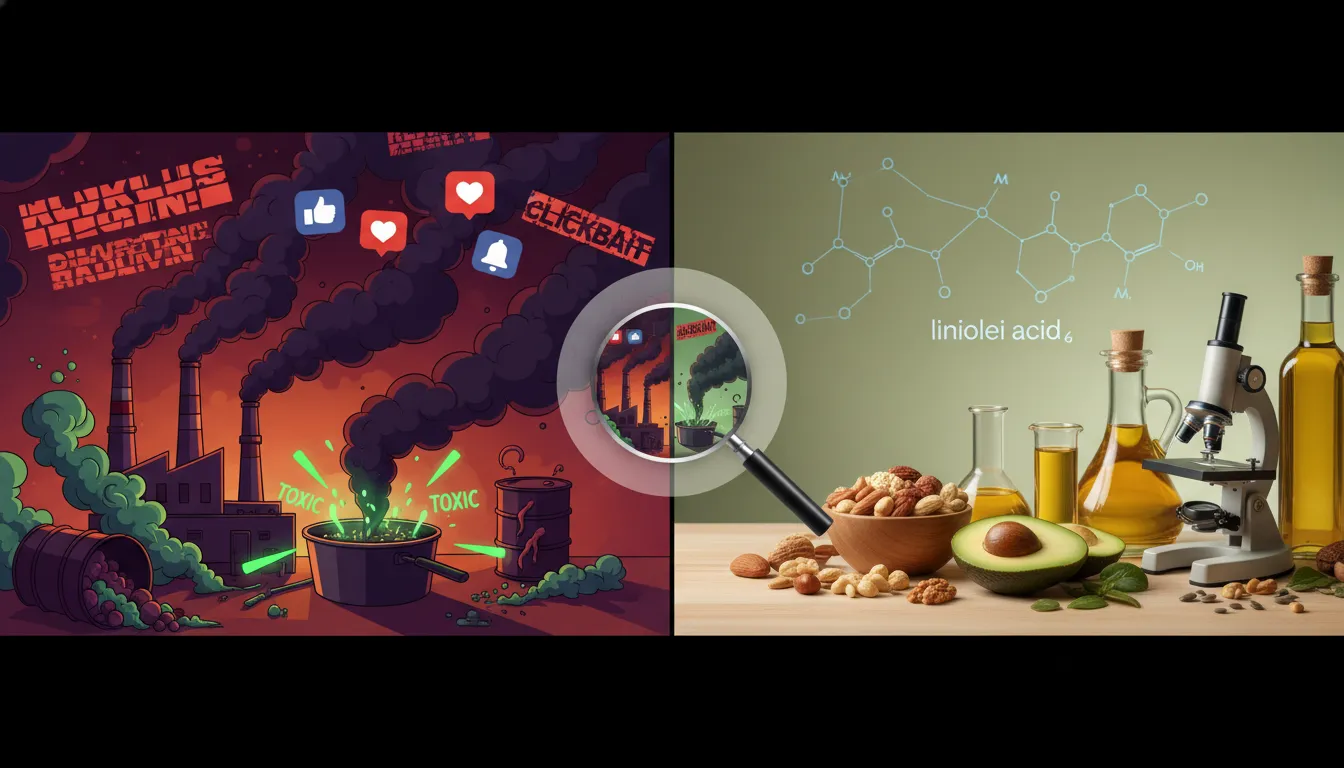 Split illustration: sensational clickbait and industrial oil imagery on the left, whole foods, lab glassware and an omega‑6 molecule on the right, showing myths versus scientific inquiry about seed oils.