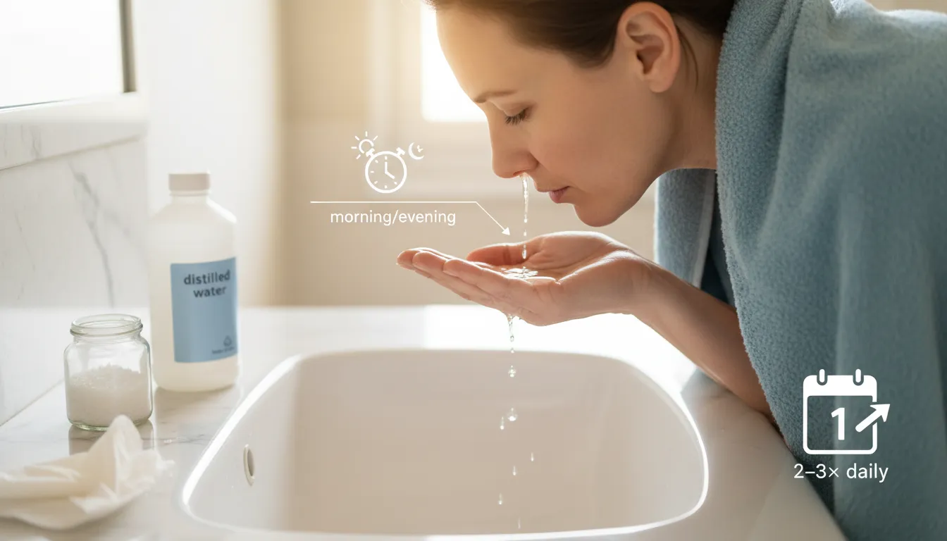 Person performing palm-sniff nasal lavage over a sink with cupped saline in their hands, showing early-start and twice-daily timing.