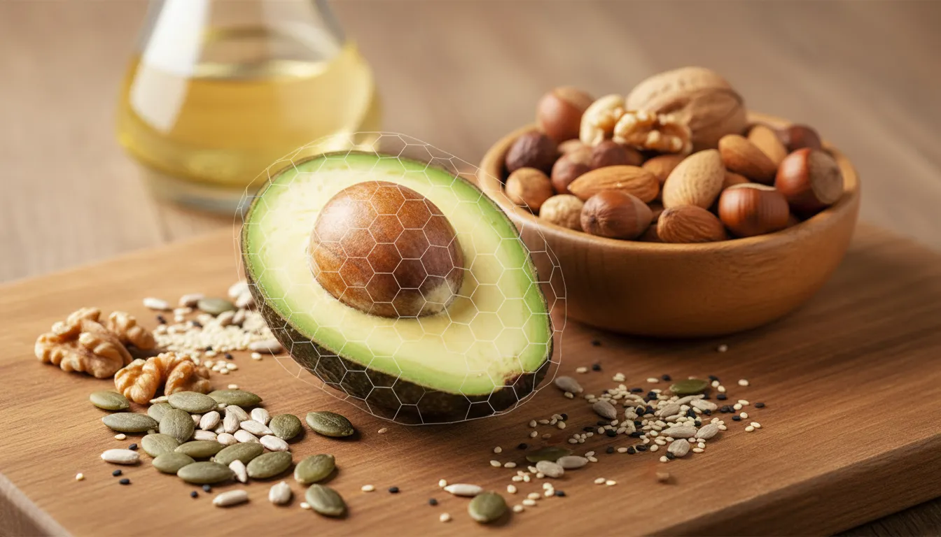 Halved avocado, mixed nuts and seeds on a wooden board with a subtle translucent shield overlay representing the protective matrix of whole-food omega-6