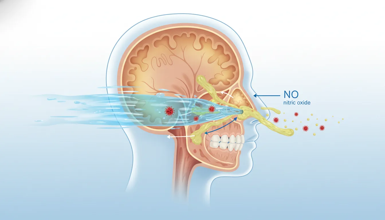Cutaway illustration of a head showing saline flushing the nasal passages and sinuses, mucus and viruses being washed out, and the sinus lining glowing to represent nitric oxide immune activity.