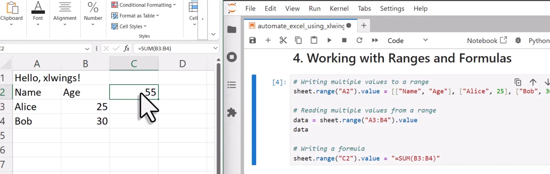 Using ranges and formulas in Excel