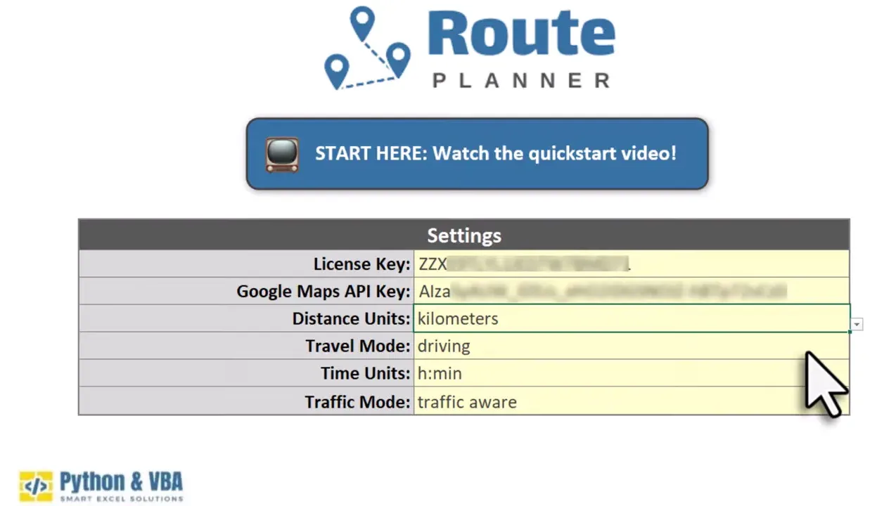 Excel Route Planner settings showing Distance Units: kilometers, Travel Mode: driving, Time Units: h:min and Traffic Mode: traffic aware
