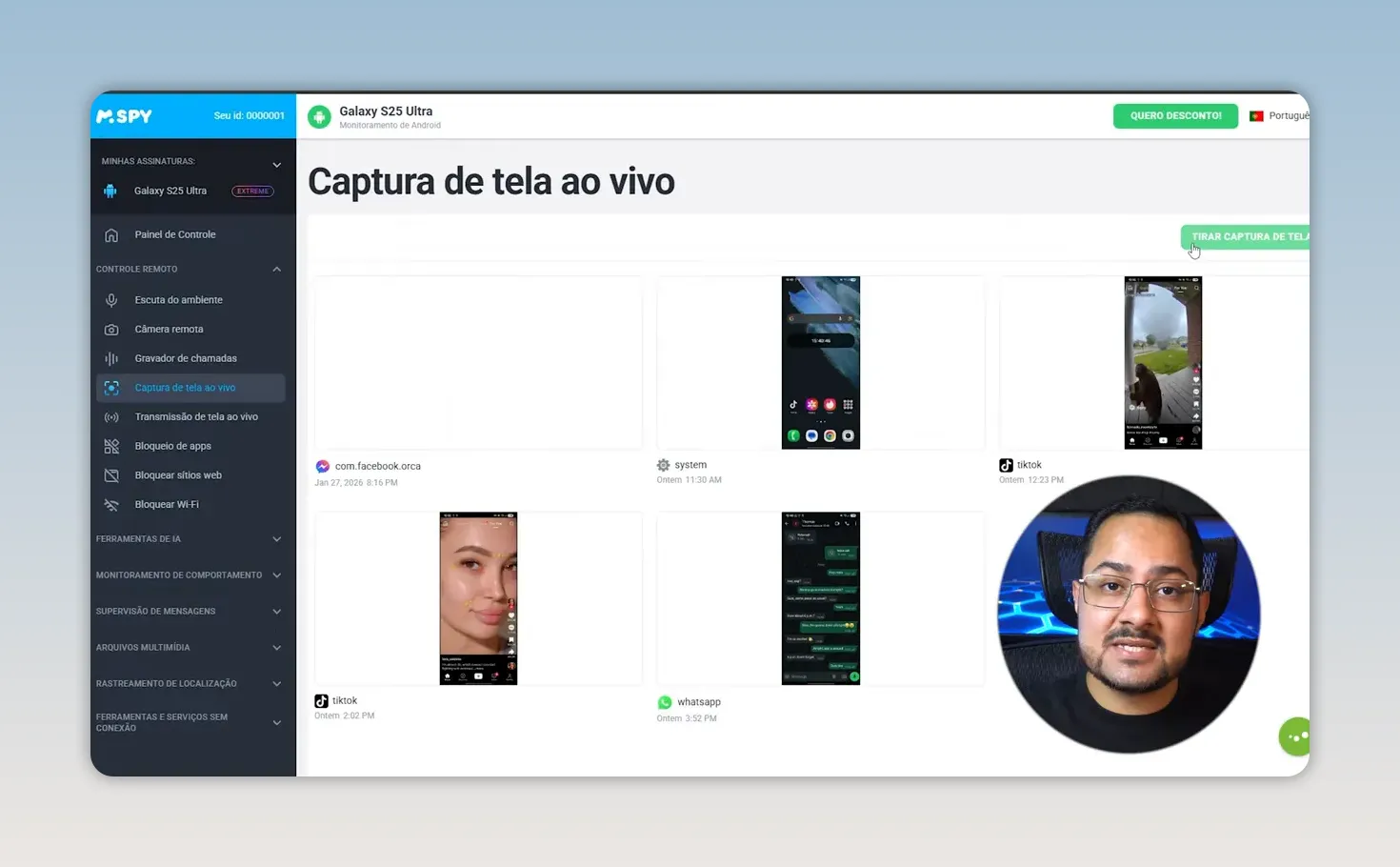 Painel mSpy mostrando captura de tela ao vivo com várias prévias de conteúdo