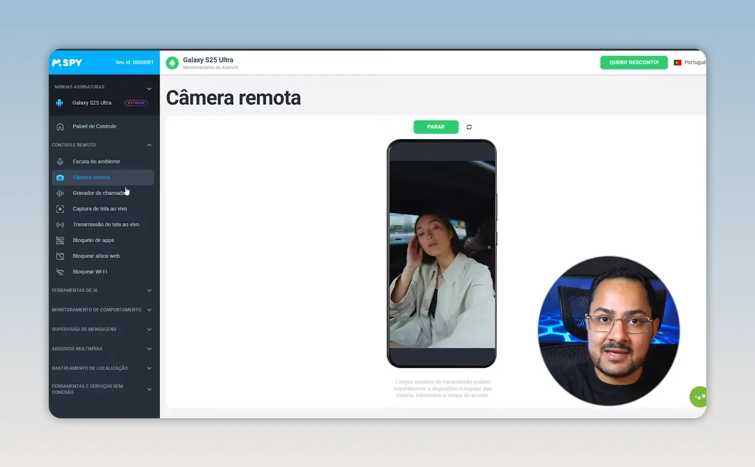 Tela do mSpy com câmera remota em transmissão ao vivo