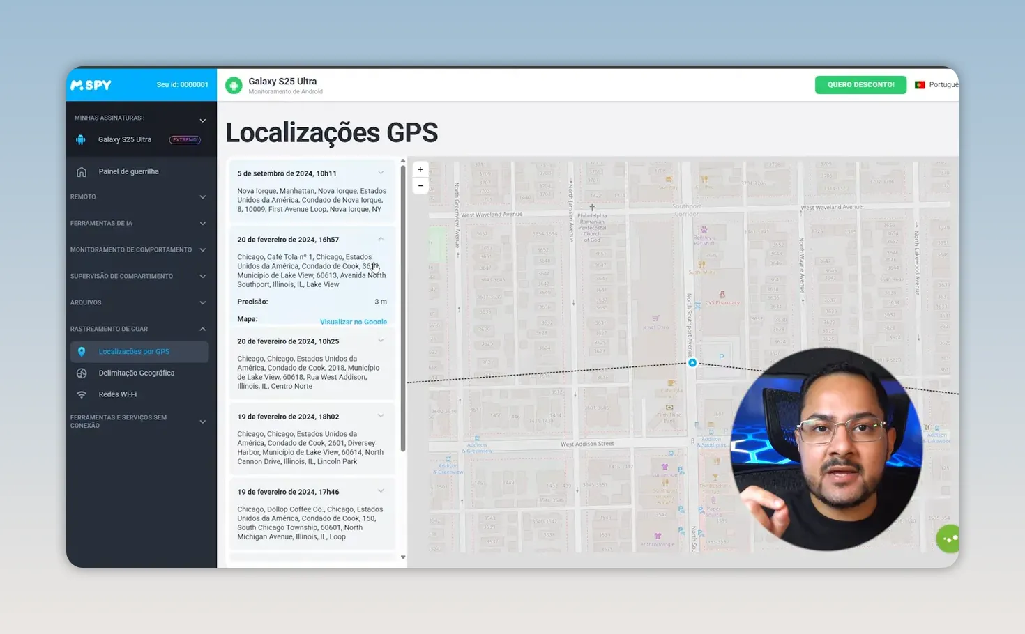 Painel “Localizações GPS” do mSpy exibindo histórico de localização no mapa e lista de datas/endereços