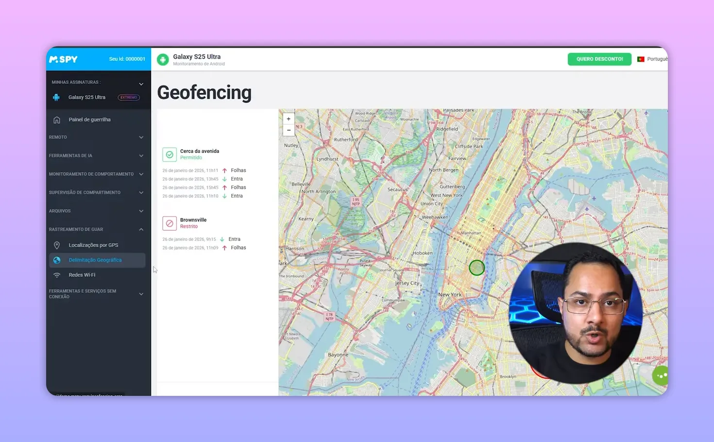 Interface do mSpy no módulo Geofencing com delimitação geográfica e histórico de eventos