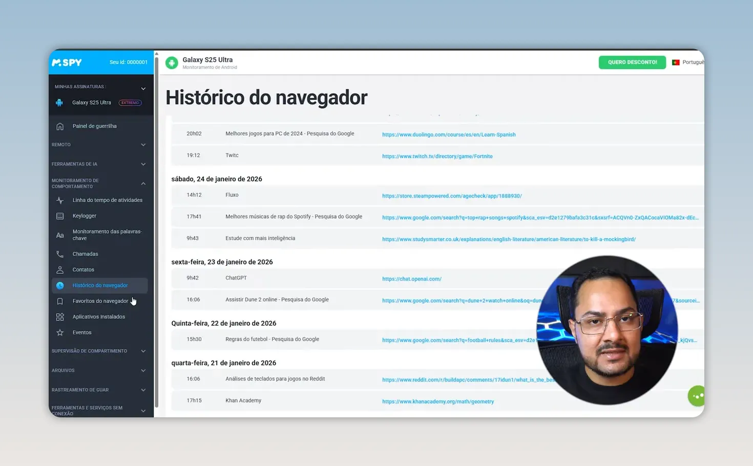 Painel do mSpy com histórico do navegador e sites visitados