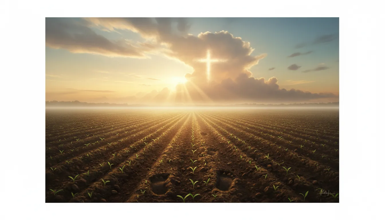 Sunrise over a field with emerging seeds and a stepping foot symbolizing faith, God’s Word, and seed time and harvest