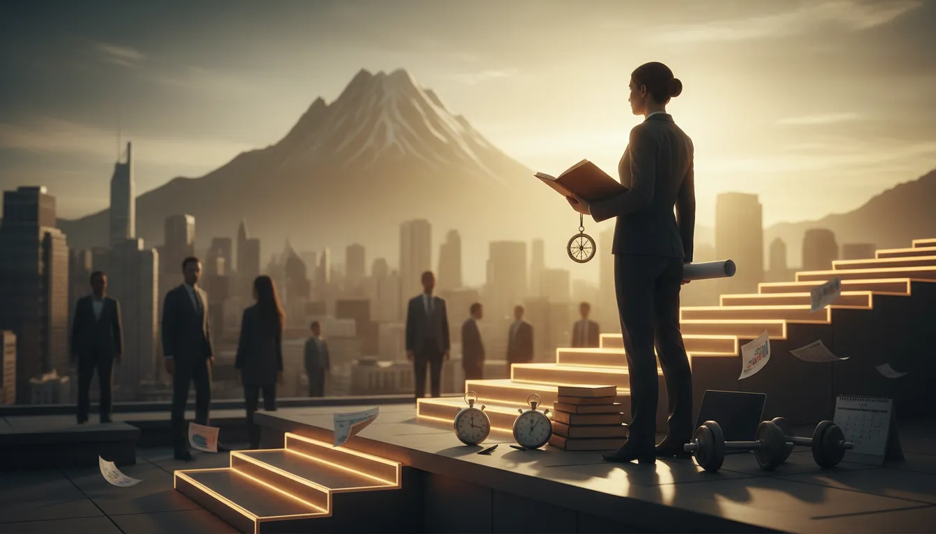 Persona concentrata su un tetto all'alba con taccuino, bussola e blueprint, una scala luminosa che sale verso una vetta in lontananza e oggetti simbolici (orologio, libri, laptop, pesi, pagine di calendario) a rappresentare routine, preparazione e resilienza