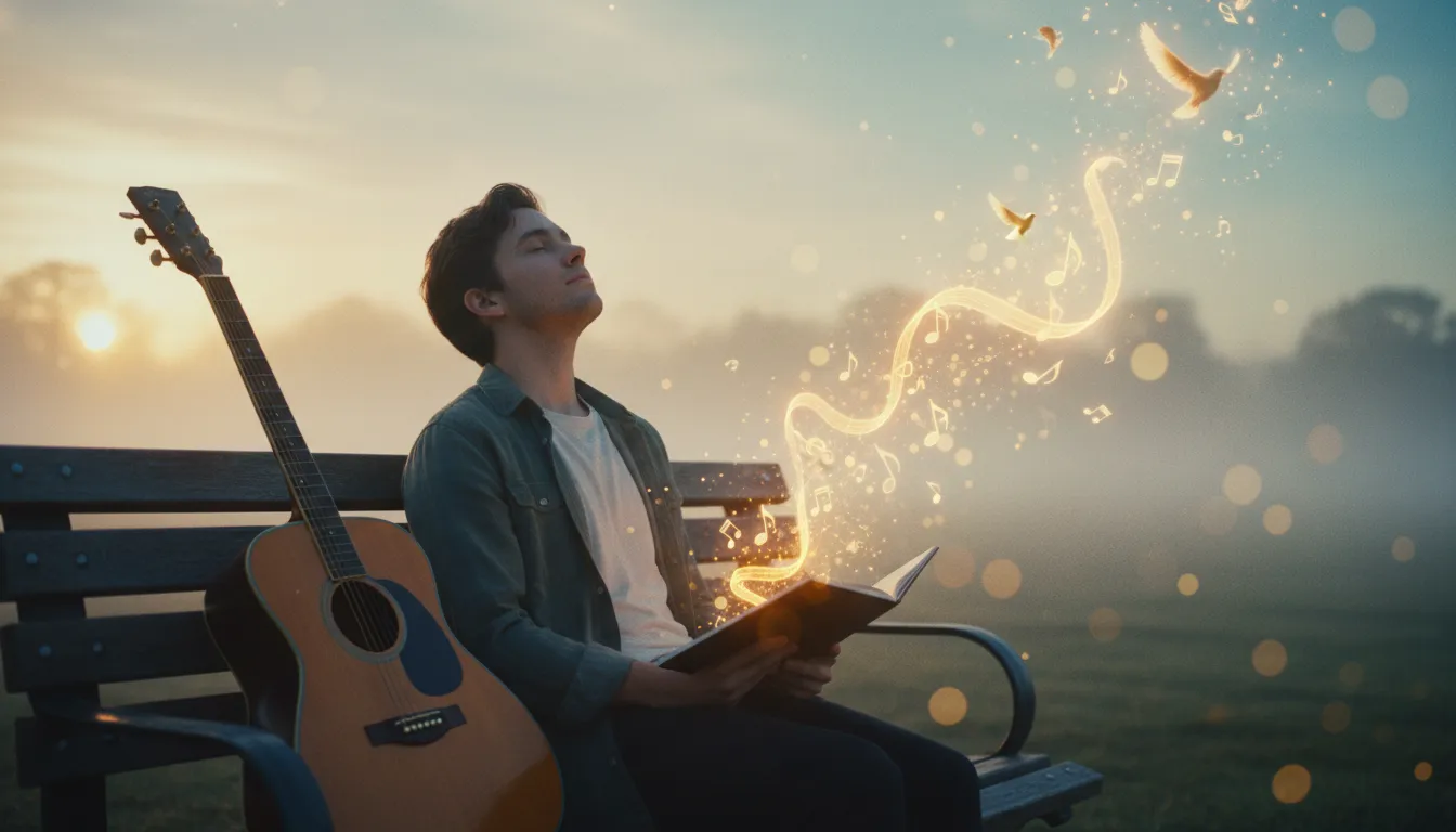 Persona seduta su una panchina all'alba con note musicali luminose e nastri di luce che si trasformano in uccelli, simbolo di guarigione emotiva e rinascita