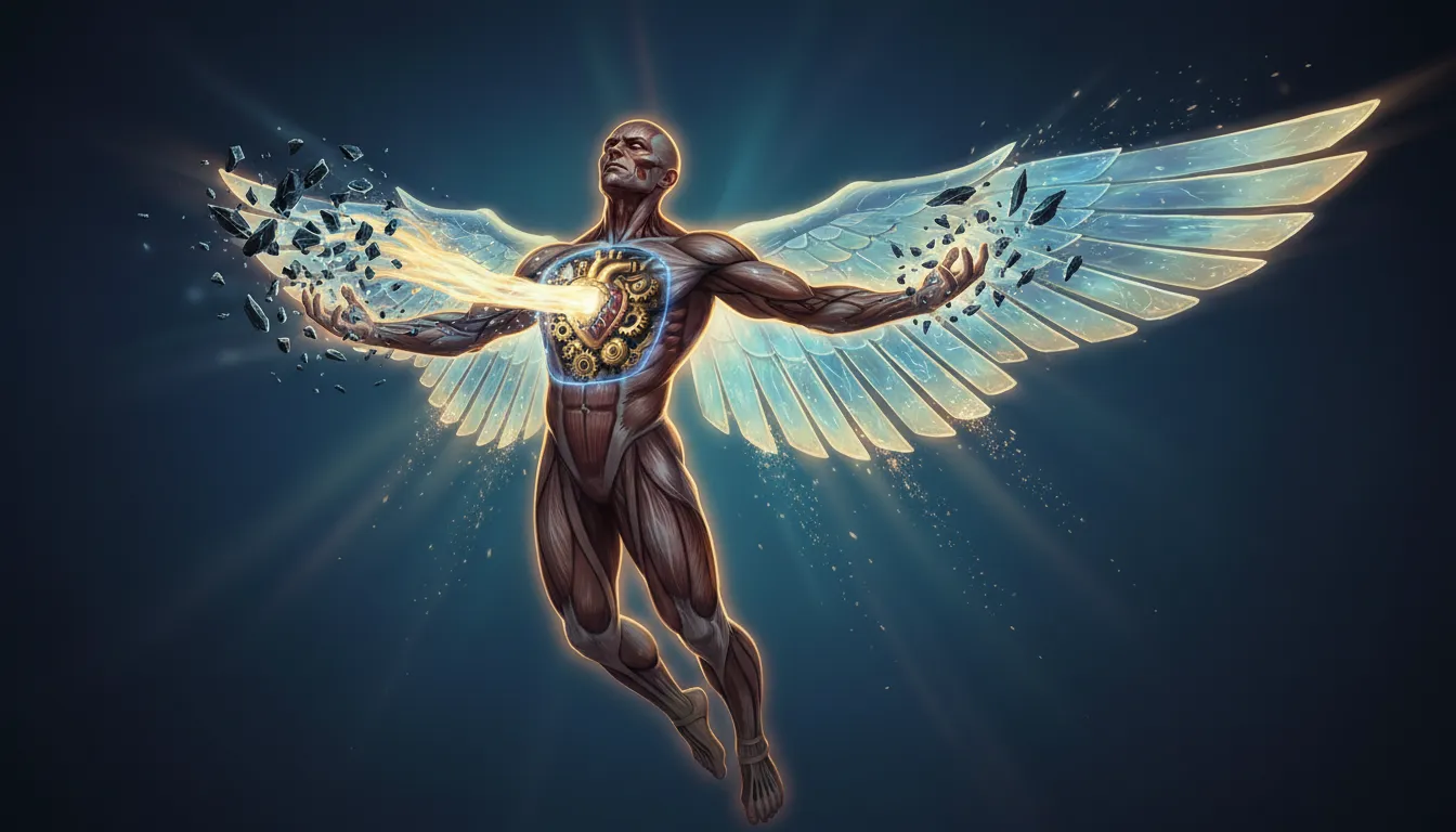 Persona che trasforma il dolore in carburante: frammenti scuri diventano energia luminosa che alimenta ingranaggi e ali, simbolo di azione e resilienza